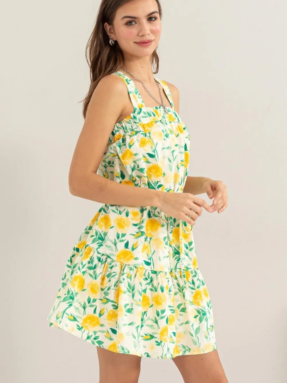 HYFVE Yellow Floral Tiered Mini Dress